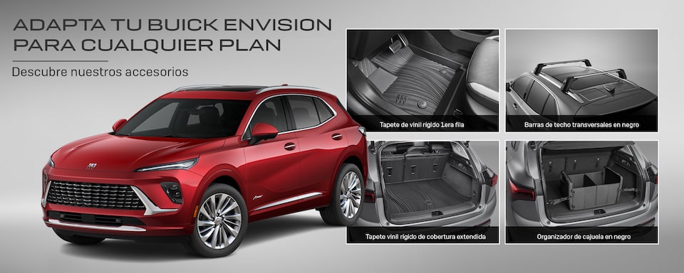 Personaliza y adapta tu SUV mediana premium, Buick Envision, para cualquier plan con el amplio catálogo de accesorios disponibles: Barras de techo transversales en negro,  tapete de vinil rígido 1ra fila y más