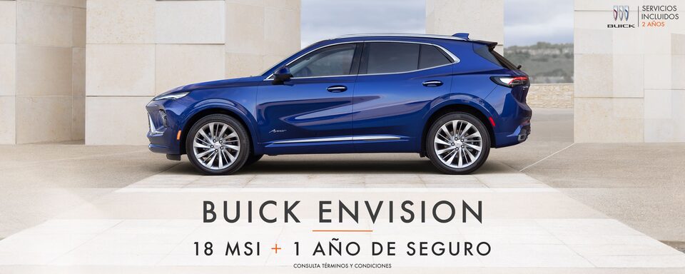 Estrena ya tu nueva SUV mediana premium, Buick Envision, y aprovecha las recompensas que tenemos para ti: 18 MSI y 1 año de seguro